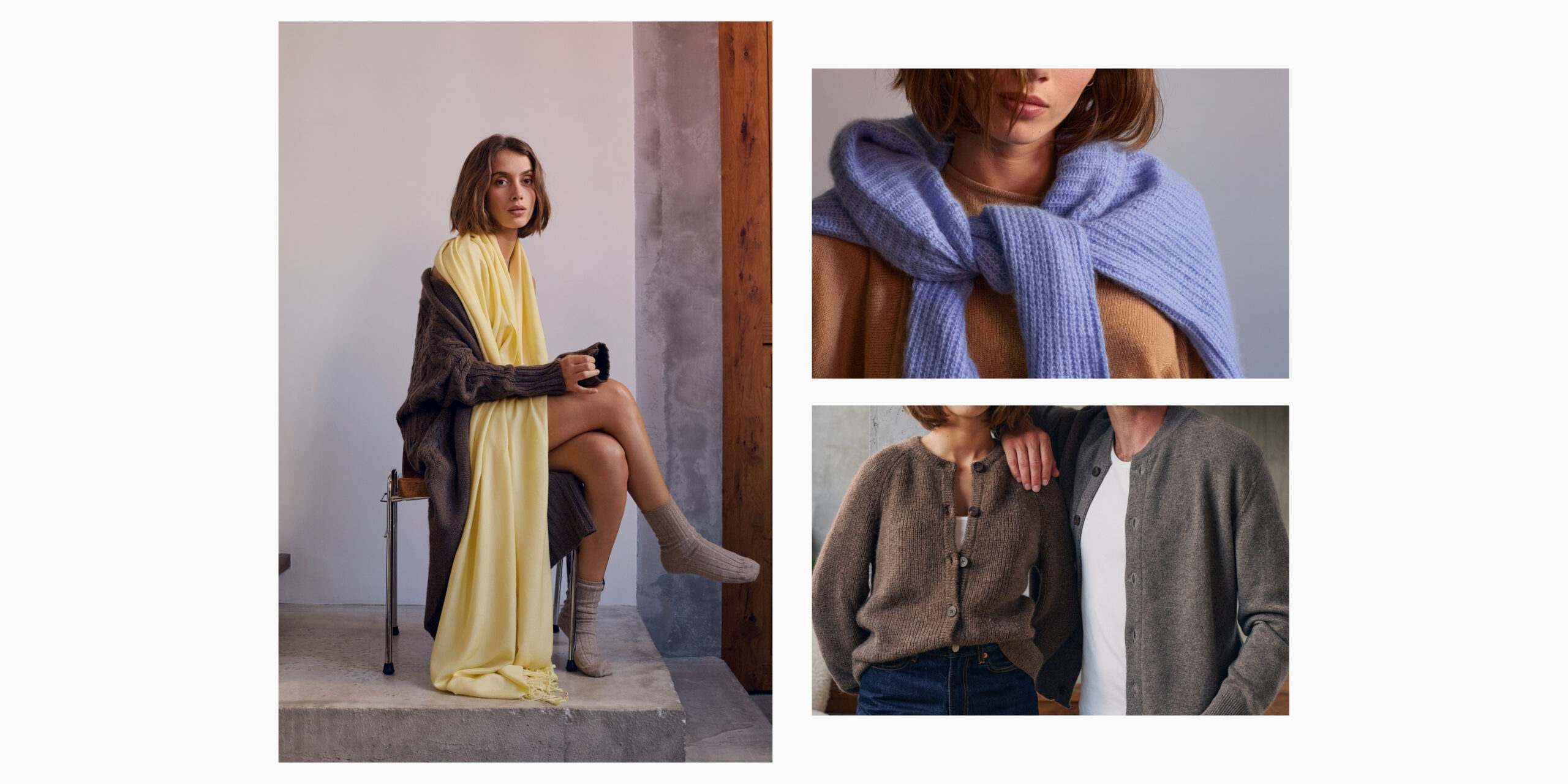 Femme portant une grande écharpe jaune en laine et looks en maille douce dans des tons neutres et pastel.