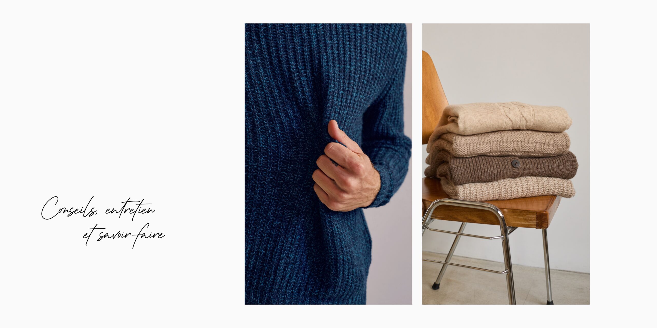 Gros plan sur un pull en maille bleu et pile de pulls en laine pliés sur une chaise : conseils d’entretien des matières naturelles