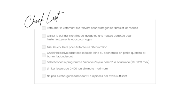 Check-list des étapes pour laver un pull délicat ou en cachemire en machine sans l’abîmer.